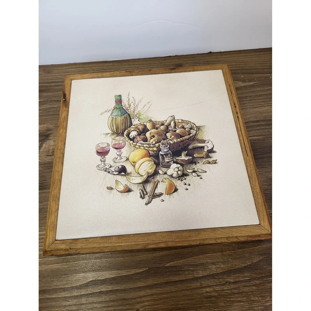 Vintage Wood Framed Ceramic Tile Trivet Wine Mushrooms 9x9 Made in USA